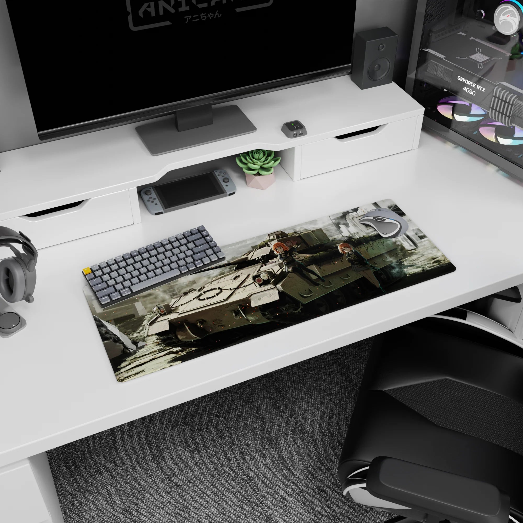 Anime girl mouse pad 32x12 inches featuring two orange-haired rifle girls posing on a tank in city ruins.