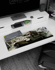 Anime girl mouse pad 32x12 inches featuring two orange-haired rifle girls posing on a tank in city ruins.