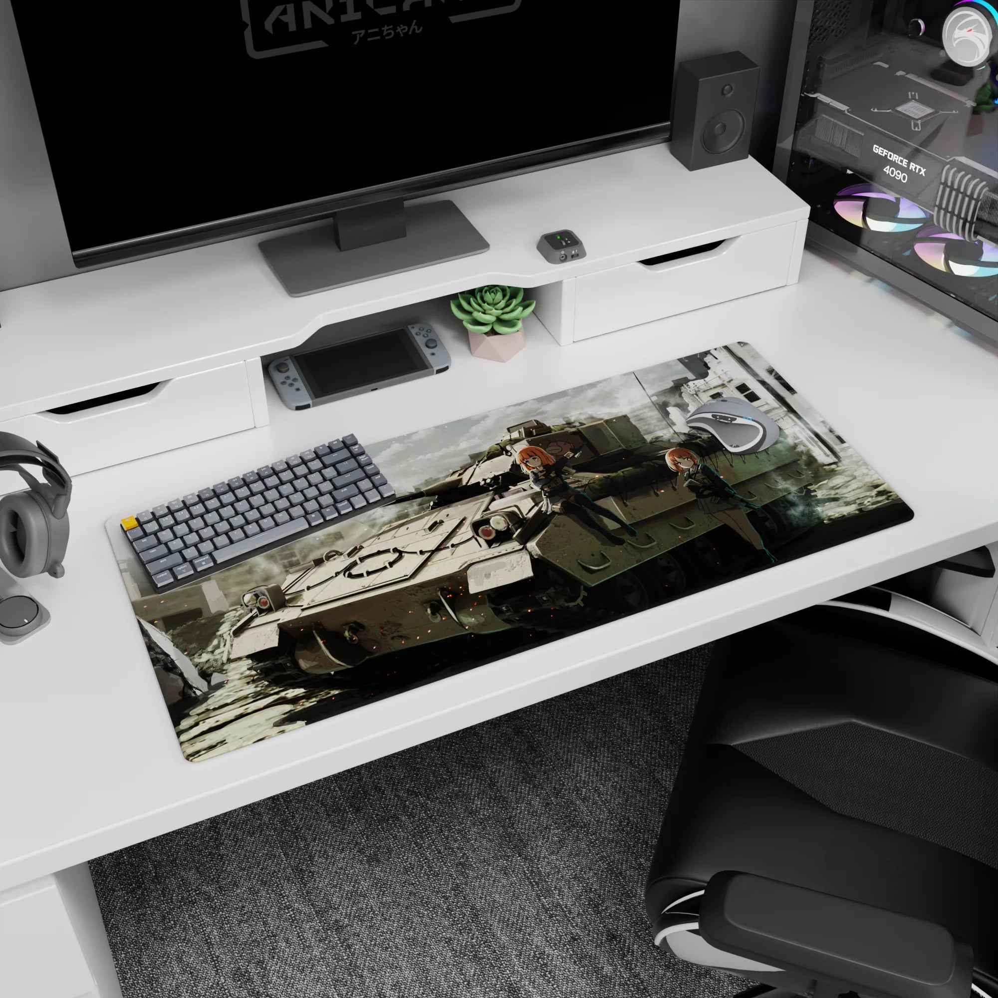 36x16 inches anime girl desk pad showing two orange-haired girls posing with rifles atop a battle tank.