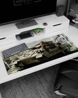 36x16 inches anime girl desk pad showing two orange-haired girls posing with rifles atop a battle tank.