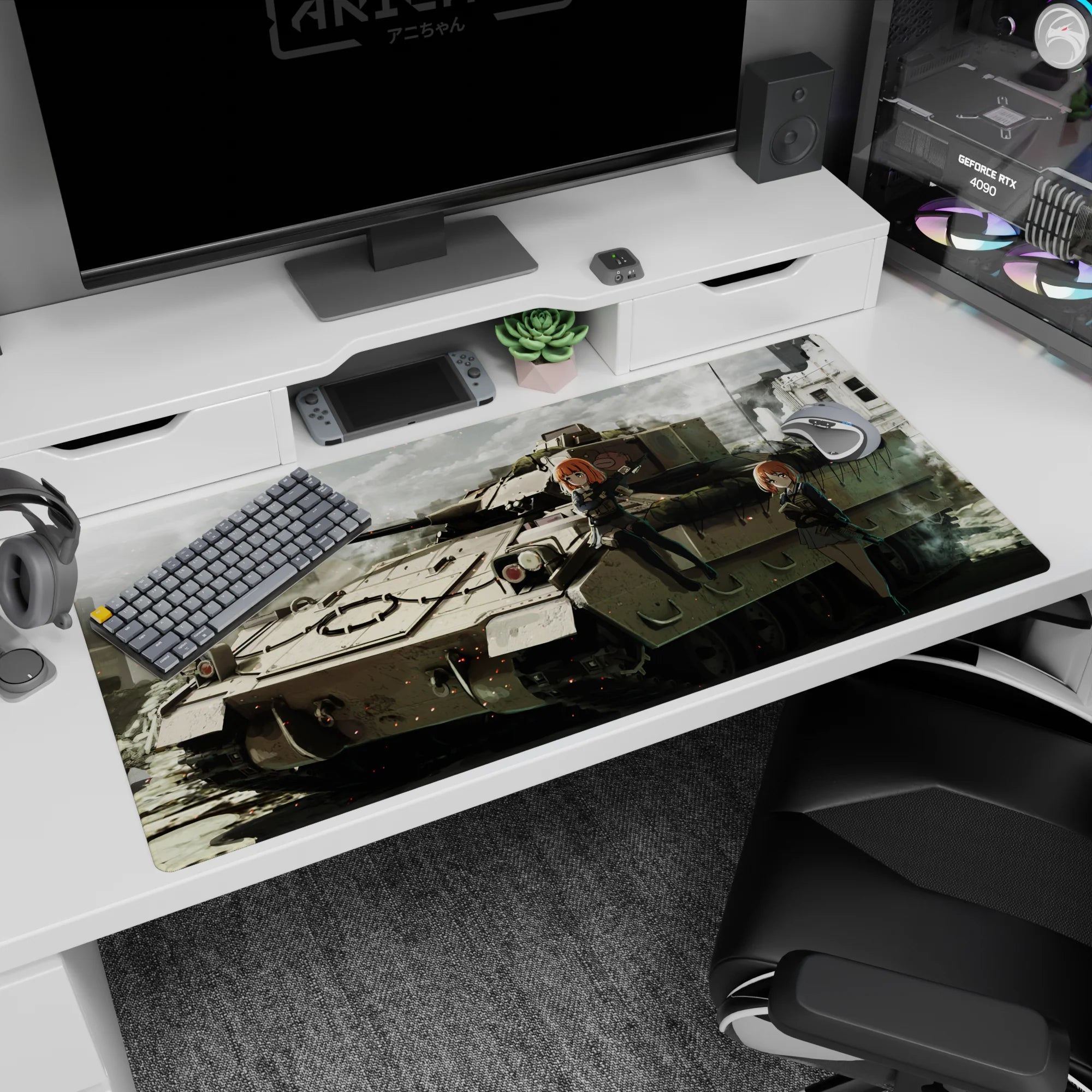 Two orange-haired anime girls pose with rifles on a battle tank desk pad 40x20 inches, city ruins vibe.