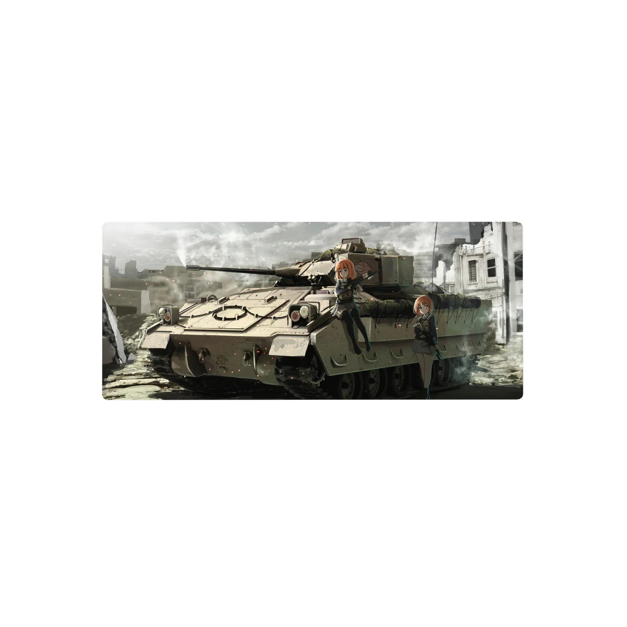28x12 inches anime girl mouse pad with two orange-haired girls posing on a battle tank, crisp linework.