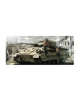 28x12 inches anime girl mouse pad with two orange-haired girls posing on a battle tank, crisp linework.