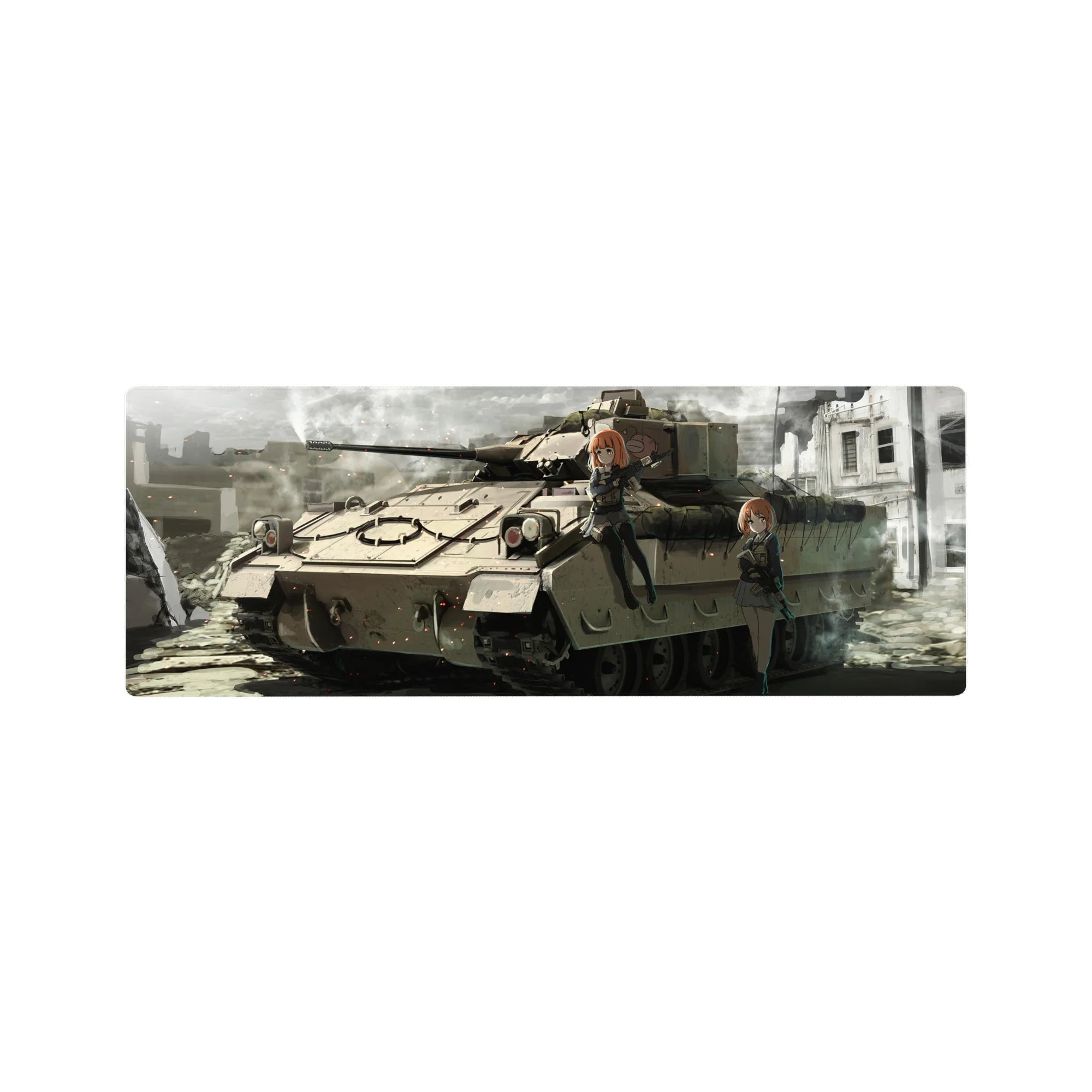 Anime girl mouse pad 32x12 inches with two orange-haired girls on a battle tank, crisp cinematic linework.