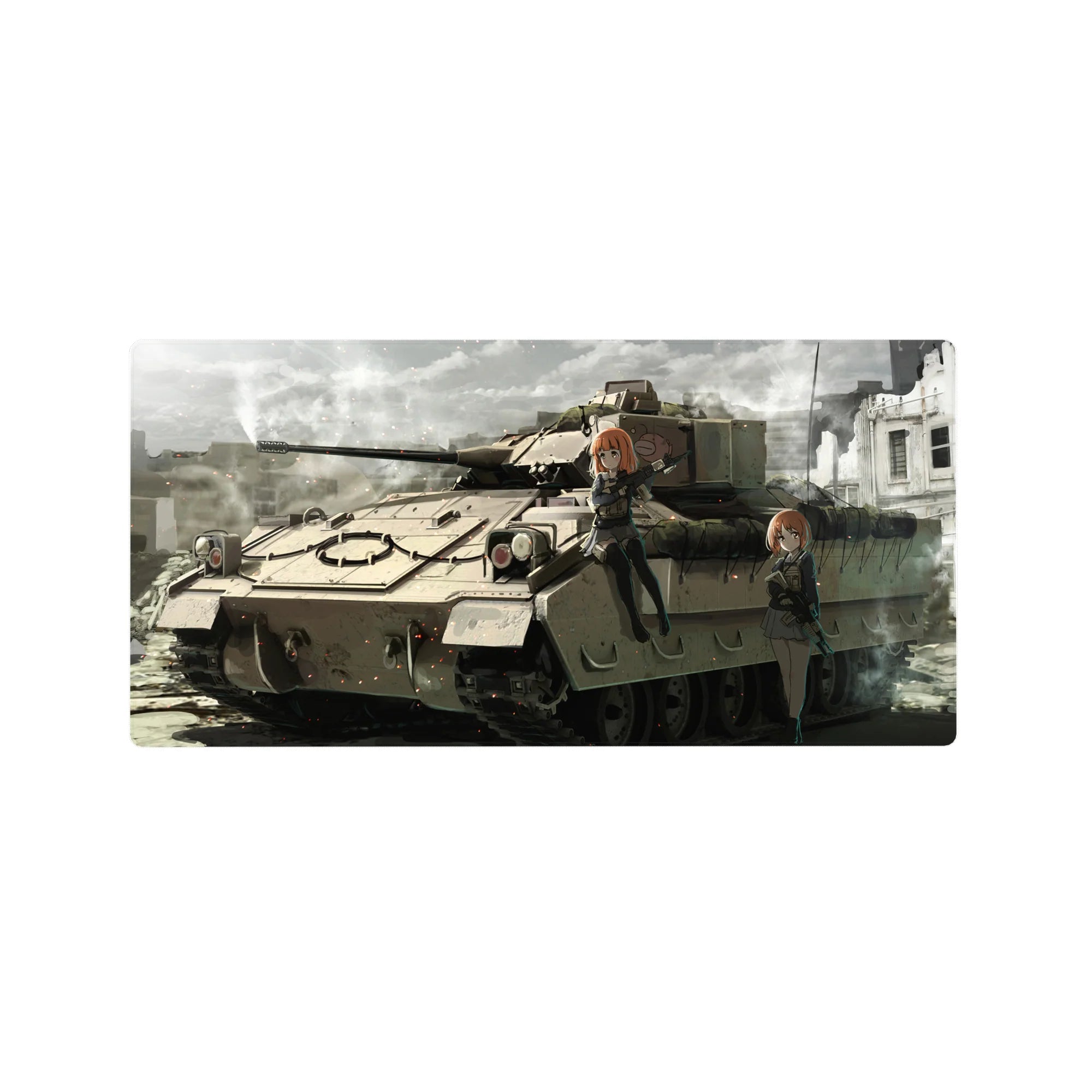 32x16 inches anime girl mouse pad with two orange-haired girls on a battle tank in city ruins art.