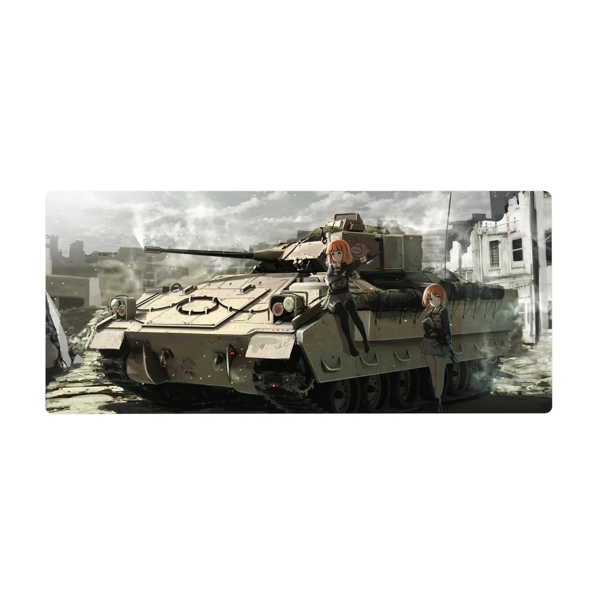 36x16 inches anime girl desk pad with two orange-haired girls on a tank, rifles, crisp linework.