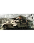 36x16 inches anime girl desk pad with two orange-haired girls on a tank, rifles, crisp linework.