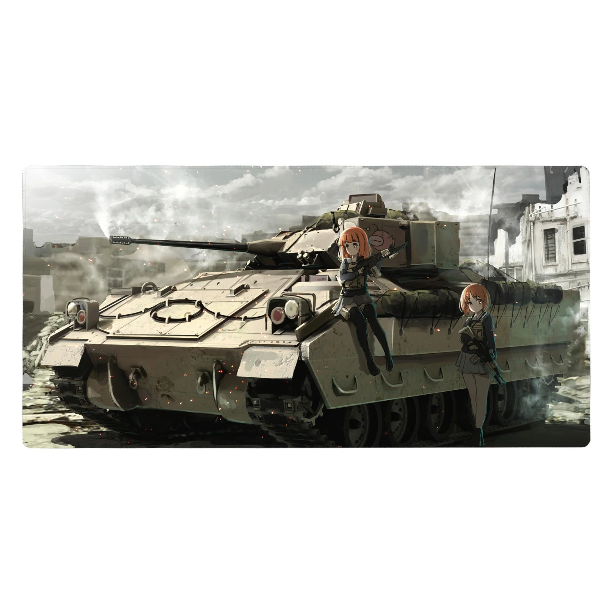Anime girl desk pad 40x20 inches with two orange-haired girls on a tank, crisp linework and rifles.