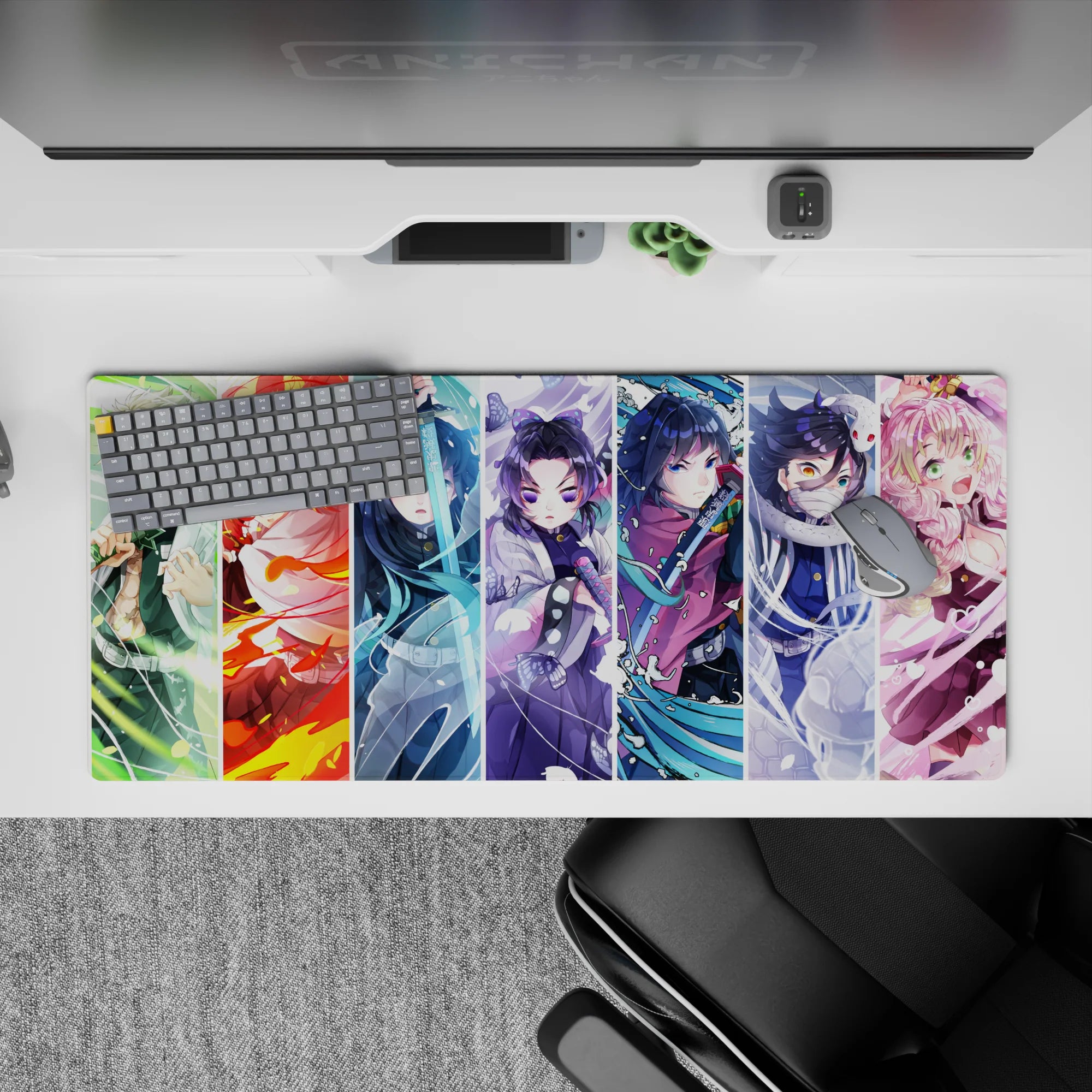 Demon Slayer anime desk pad 36x16 inches featuring Hashira, vibrant colors, showcasing Muichiro and Rengoku among others.