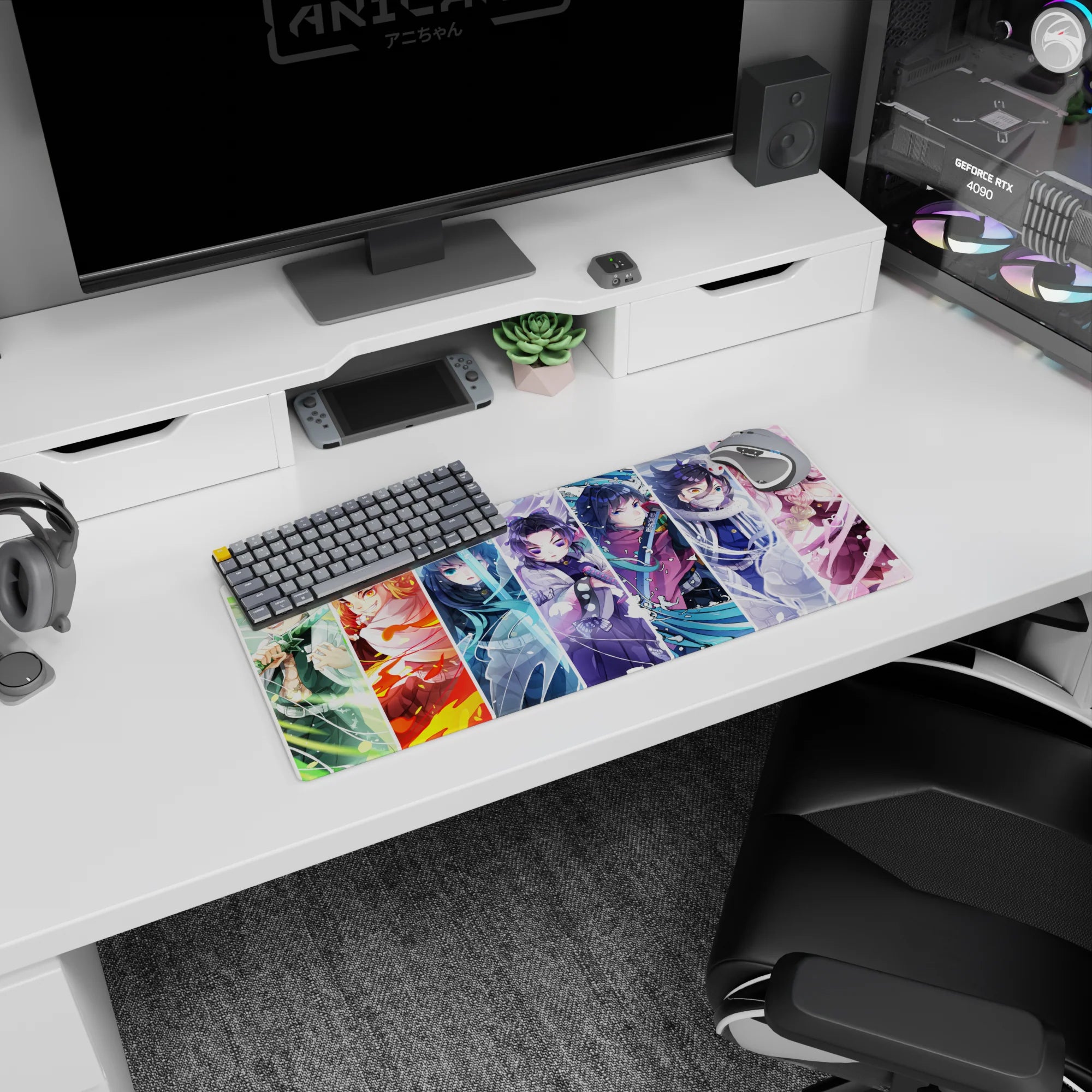 Demon Slayer anime mouse pad, 28x12 inches, featuring vibrant art of Hashira characters like Rengoku and Muichiro.