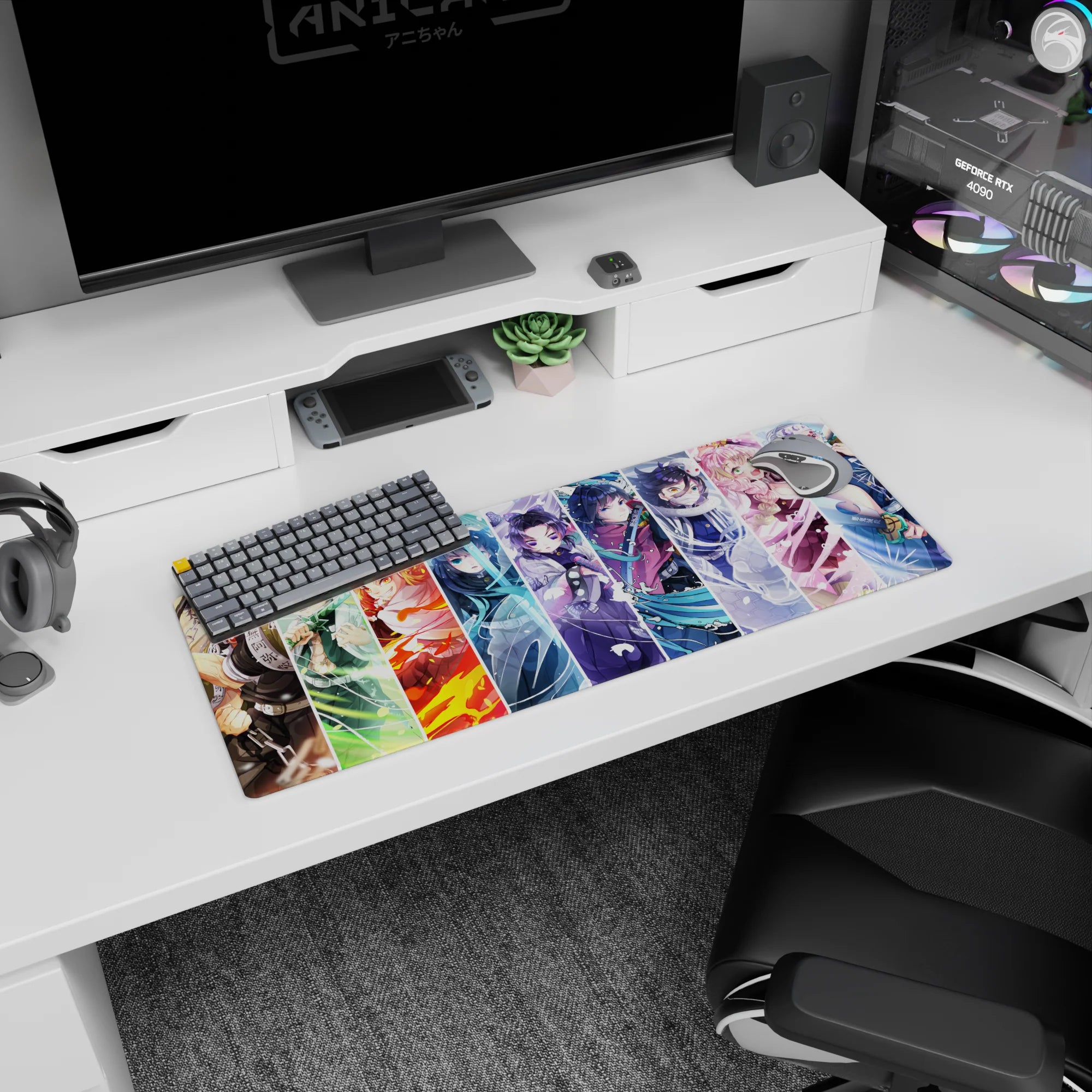 Demon Slayer anime mouse pad 32x12 inches featuring all Hashira, showcasing vibrant colors and character details like Muichiro and Rengoku.