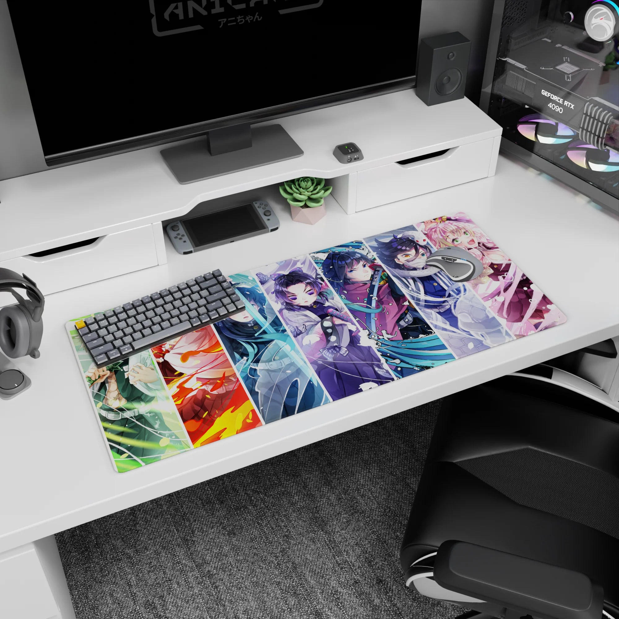 Demon Slayer desk pad 36x16 inches featuring every Hashira, showcasing vibrant scenes of wind, flame, mist, and more.