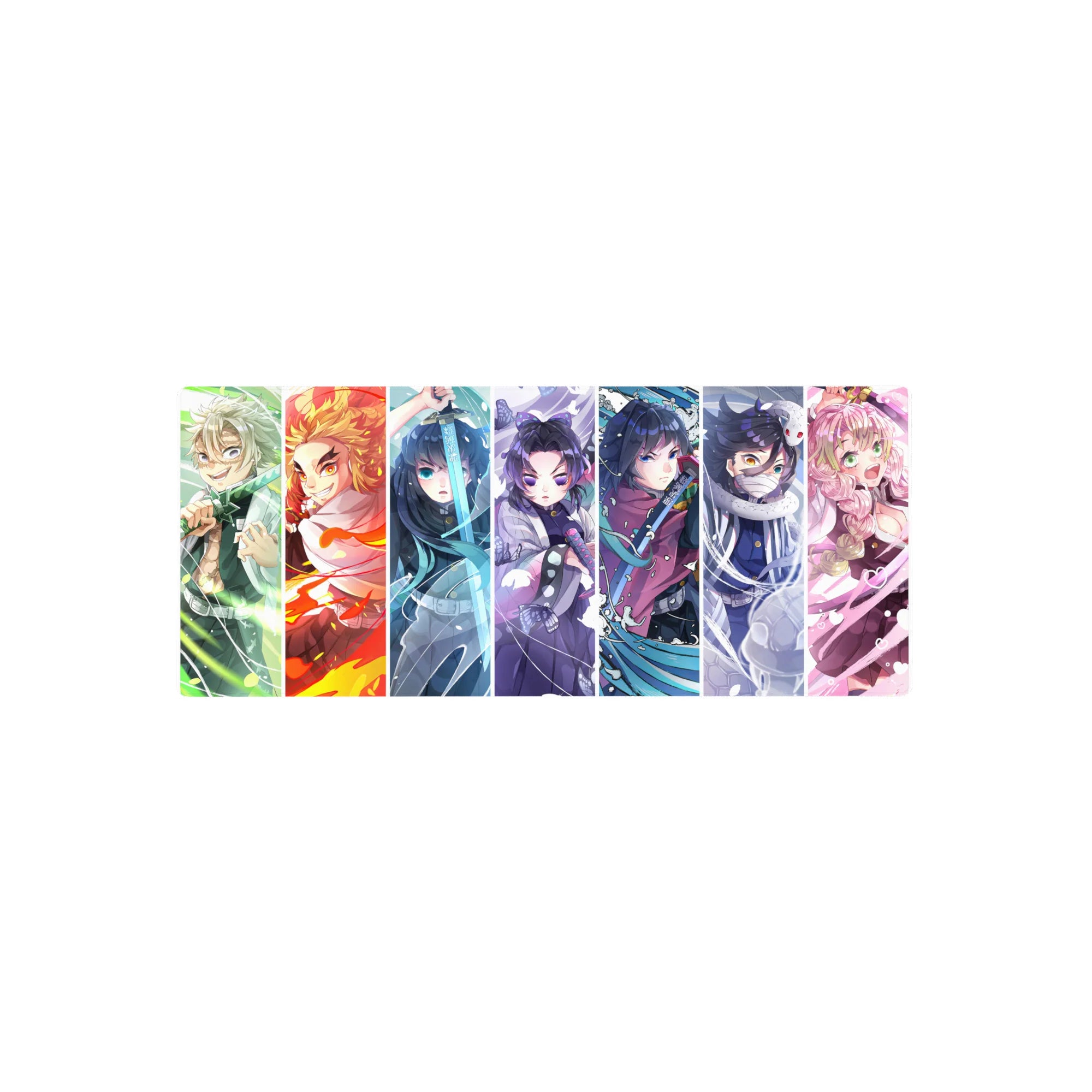 Demon Slayer mouse pad 28x12 inches featuring vibrant Hashira art with Muichiro, Rengoku, and more in dynamic colors.