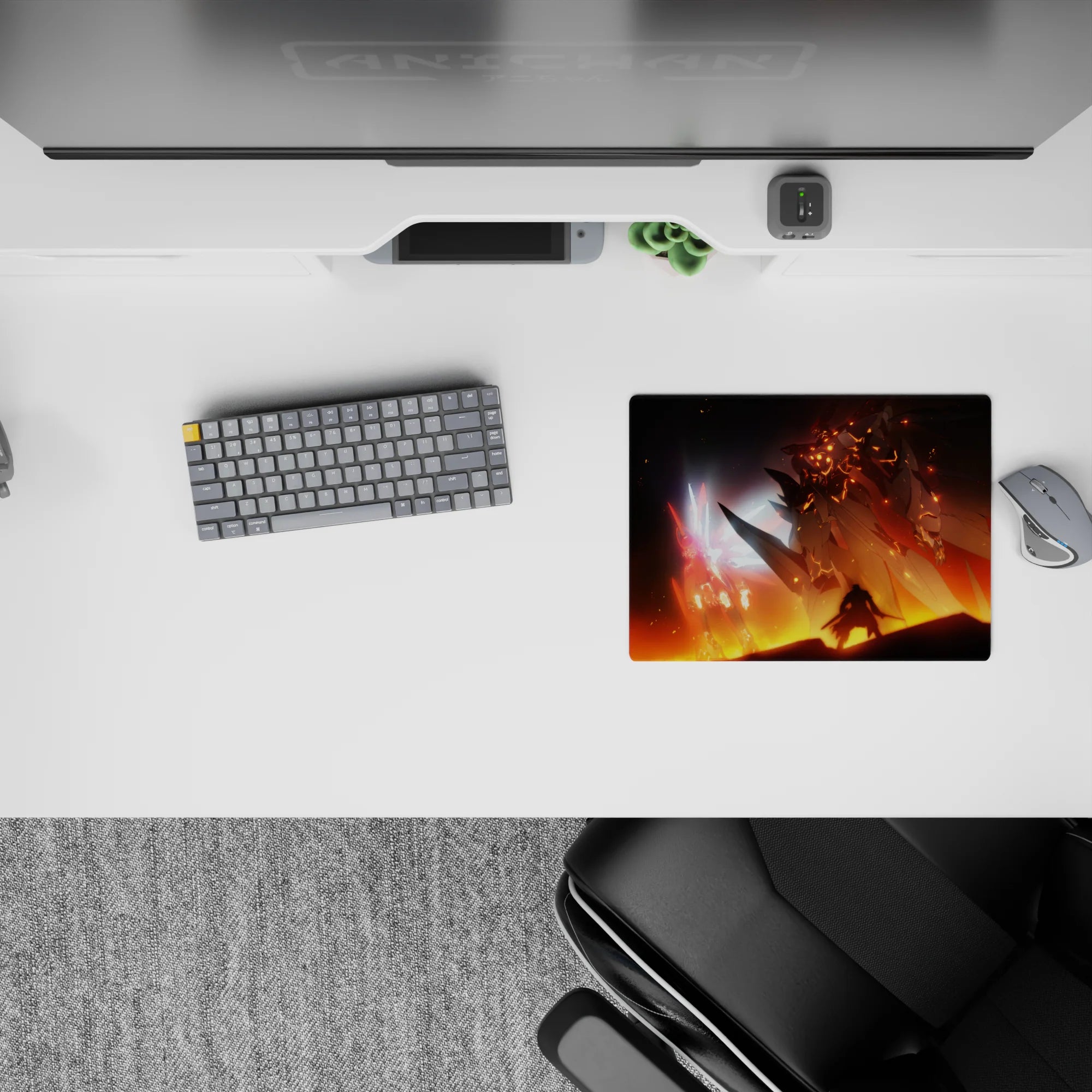 14x10 inches anime mouse pad in smoky black with icy pink glow and ember-orange lava tones, dramatic vibe.
