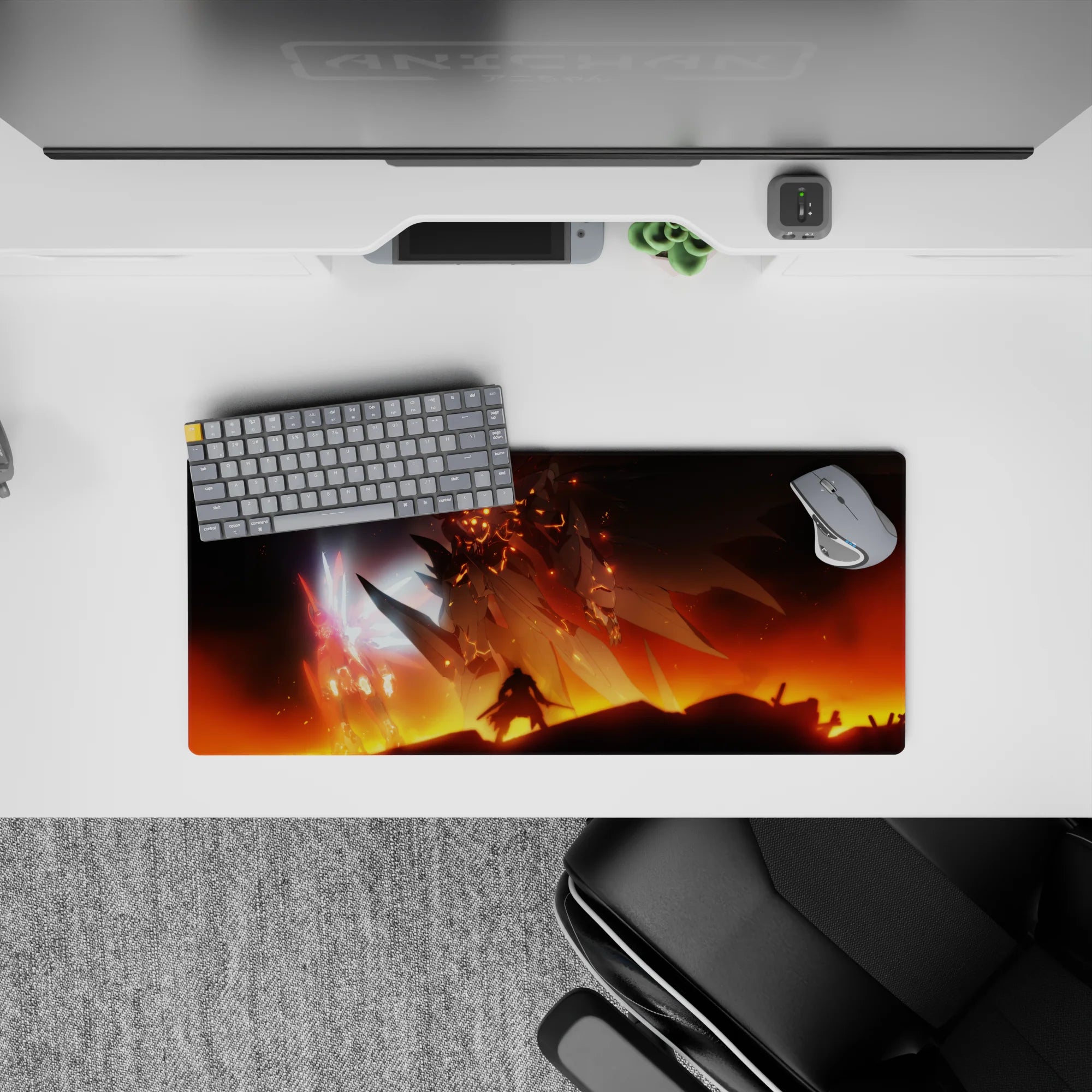 28x12 inches anime mouse pad in smoky black with ember orange and icy pink highlights, sunset battlefield vibe.