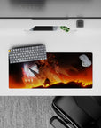 28x12 inches anime mouse pad in smoky black with ember orange and icy pink highlights, sunset battlefield vibe.