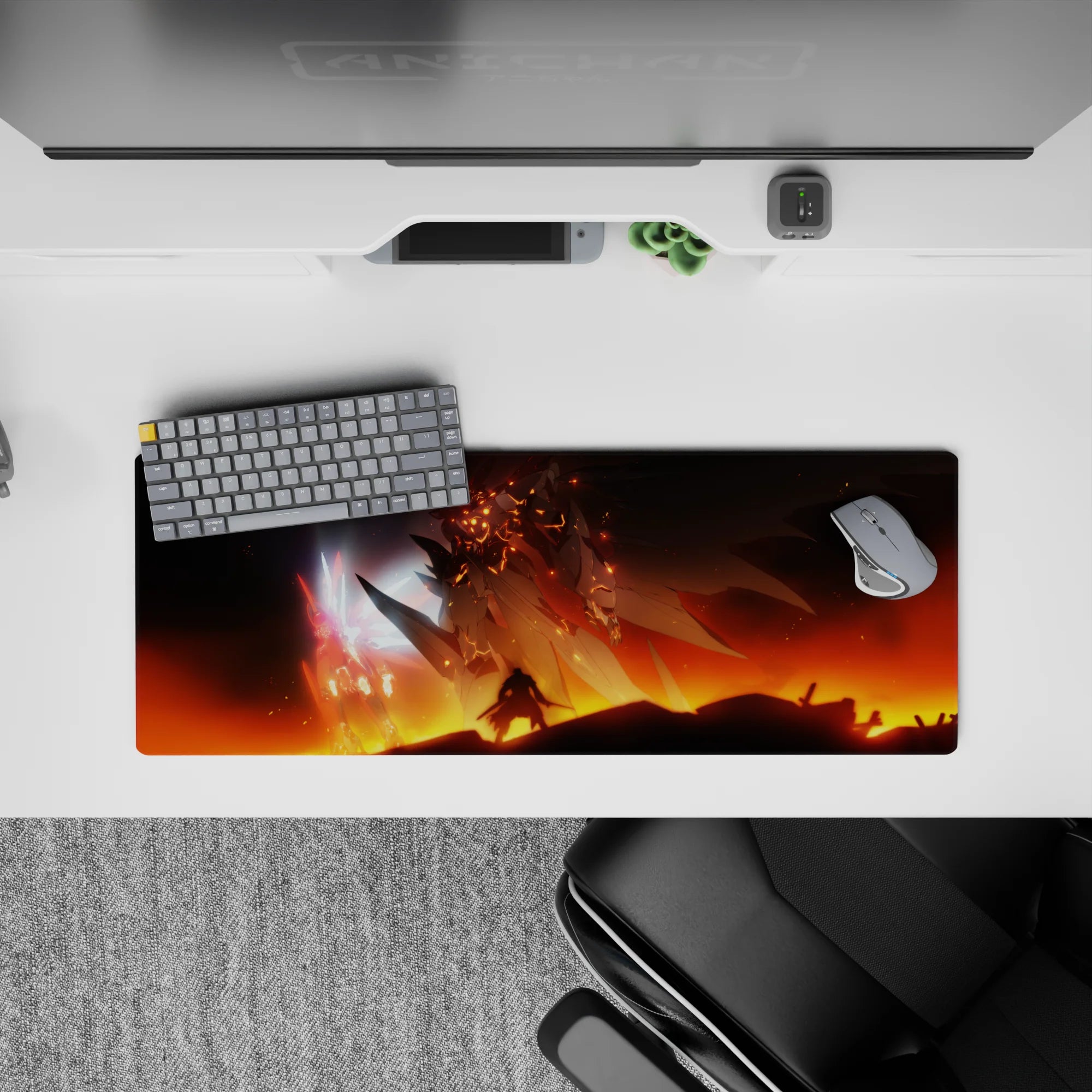 32x12 inches anime mouse pad in smoky black, ember orange, and icy pink glow, battlefield-at-sunset vibe.