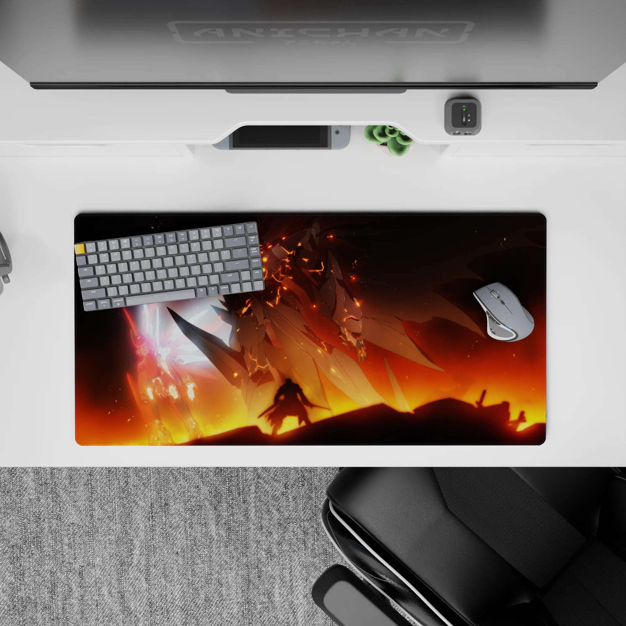 32x16 inches anime mouse pad in icy pink glow with ember oranges and smoky blacks, sunset battle mood.