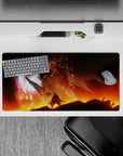 32x16 inches anime mouse pad in icy pink glow with ember oranges and smoky blacks, sunset battle mood.