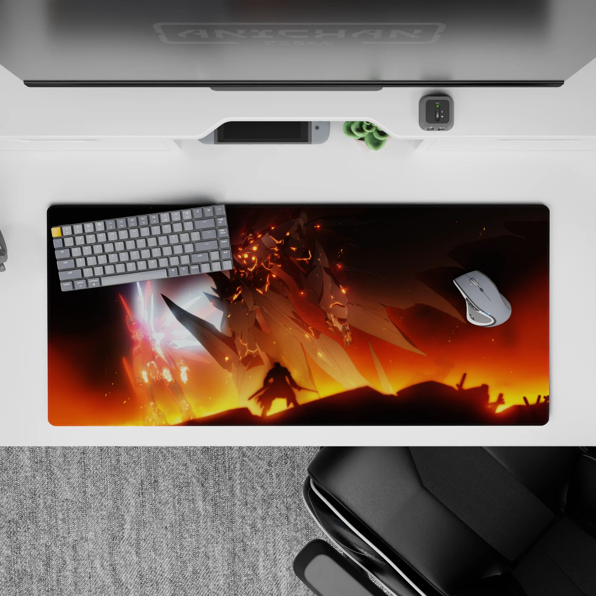 36x16 inches anime desk pad in smoky blacks, ember oranges, and neon pink, battlefield sunset vibe.