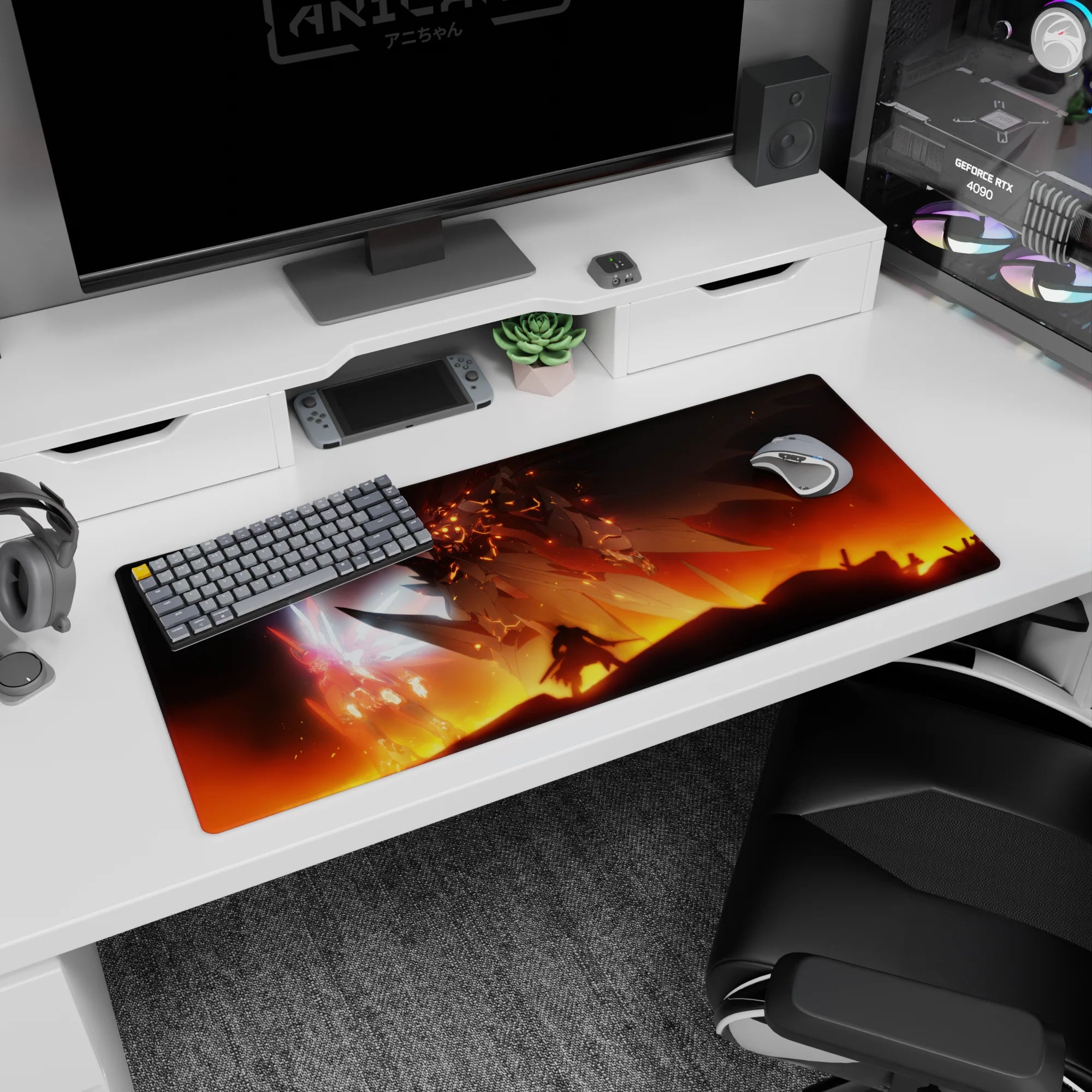 36x16 inches Gundam RX-0 Unicorn desk pad facing a Sinanju-like lava-gold monster, tiny pilot below.