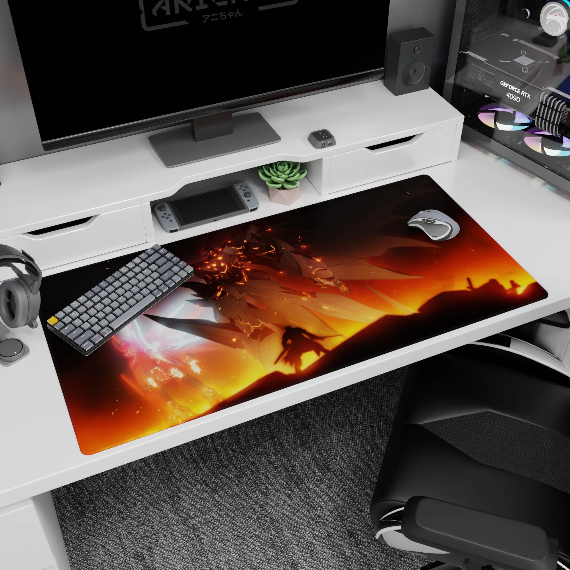 40x20 inches Mobile Suit Gundam desk pad featuring RX-0 Unicorn Gundam vs Sinanju-like beast scene.
