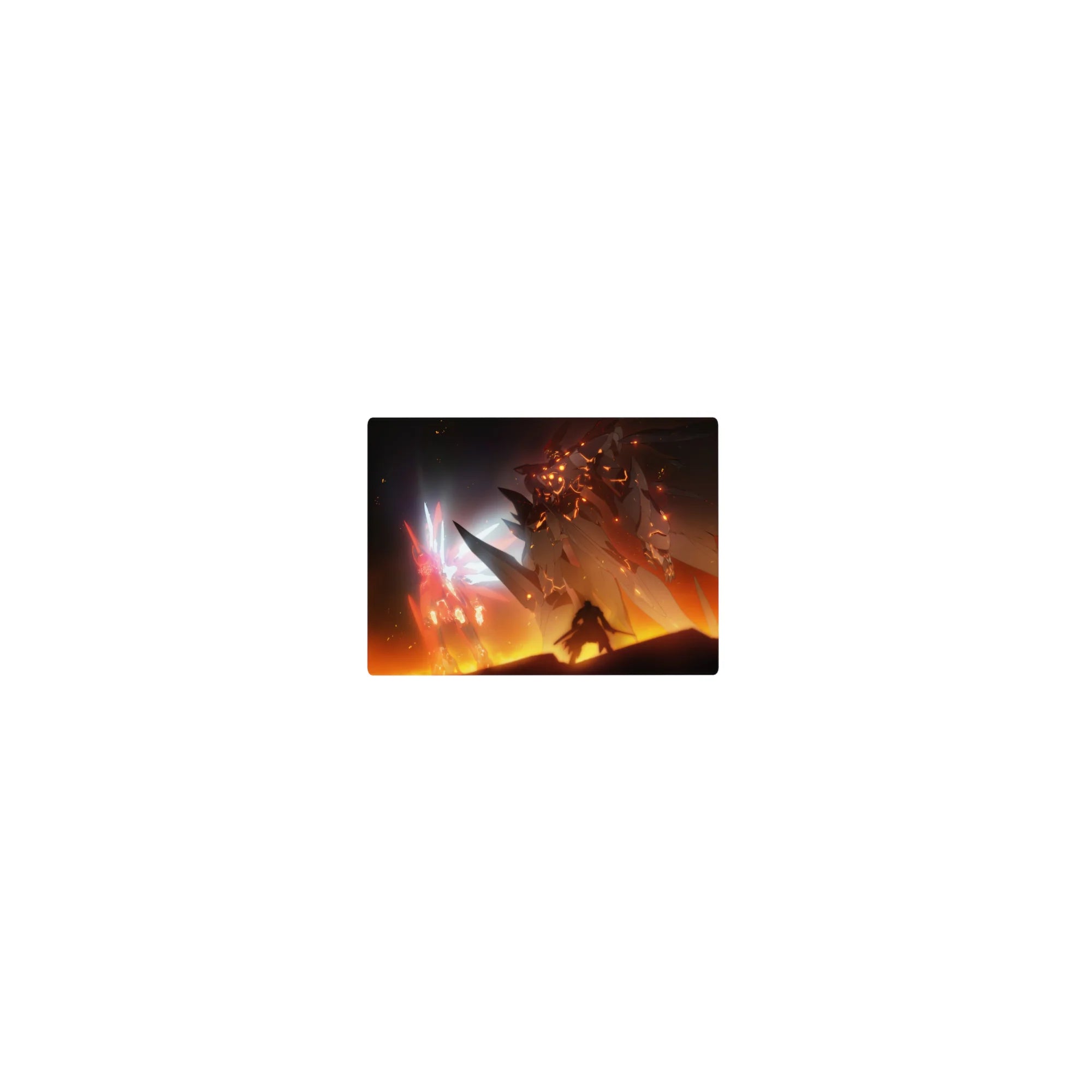 Classic anime mouse pad 14x10 inches featuring Gundam-style mecha duel with pilot silhouette and lava backdrop.