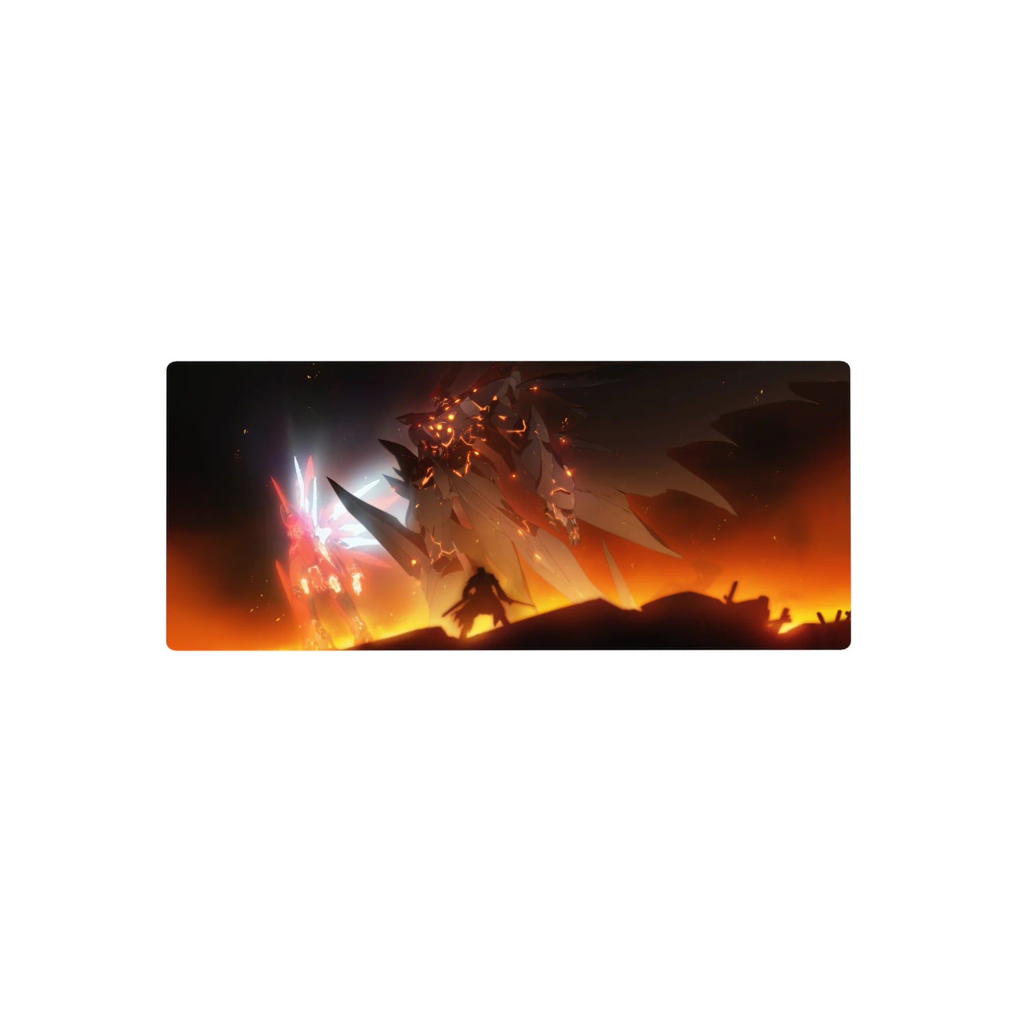 28x12 inches anime mouse pad with Gundam-style mech duel, pilot silhouette, lava-gold beast and pink glow.