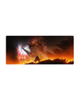 28x12 inches anime mouse pad with Gundam-style mech duel, pilot silhouette, lava-gold beast and pink glow.