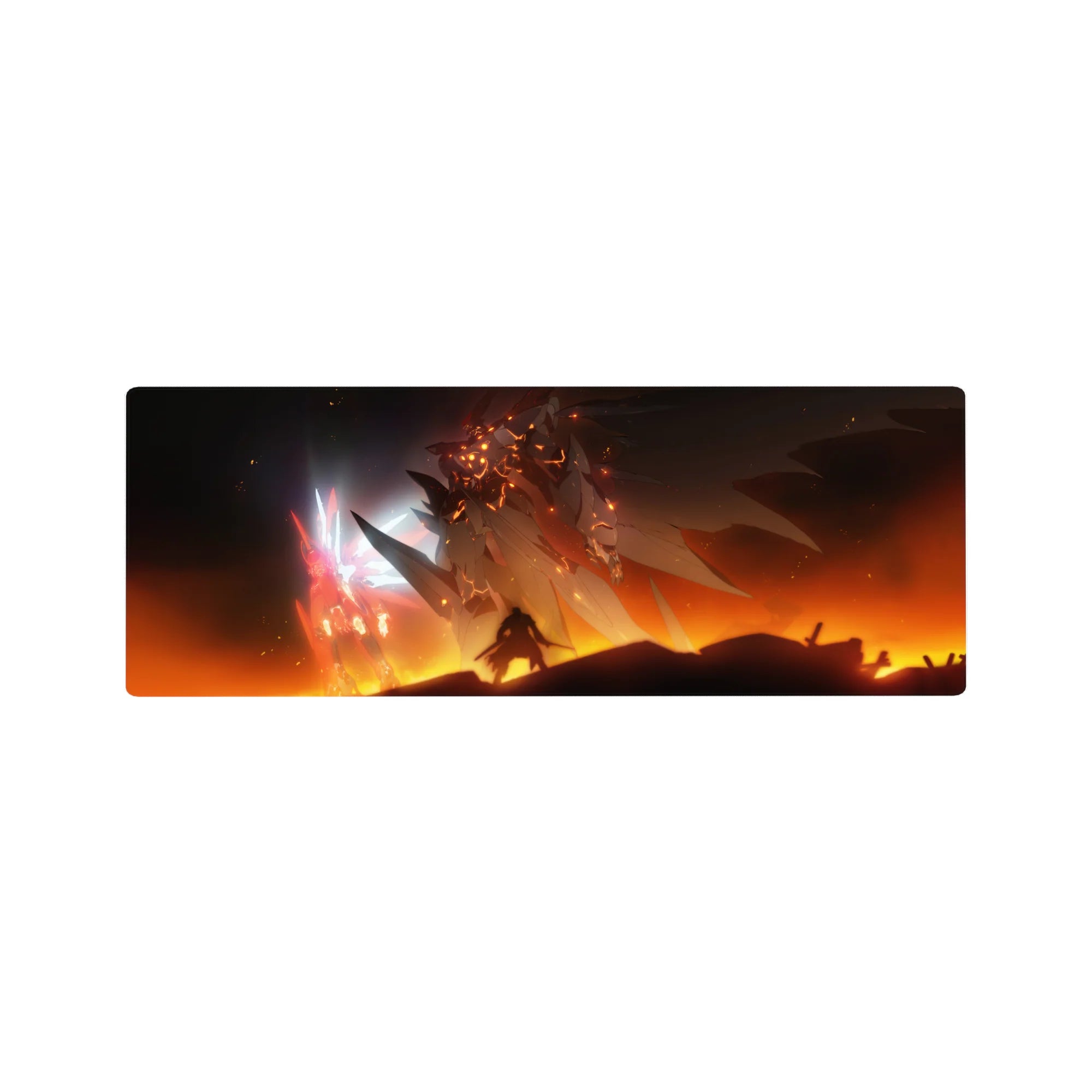 32x12 inches anime mouse pad featuring Gundam-style mecha clash with pilot silhouette and lava-gold monster.