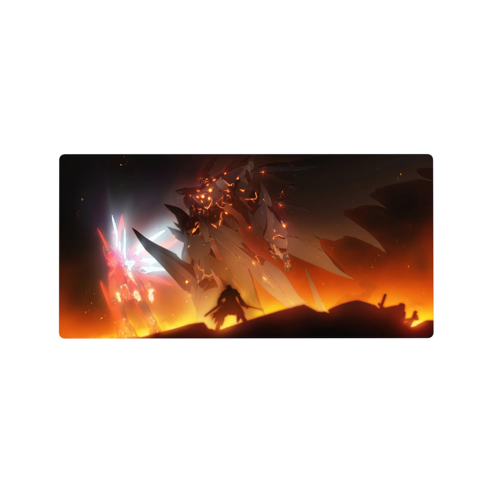 32x16 inches anime mouse pad with Unicorn Gundam-style mecha vs lava-gold beast, smoky battlefield art.