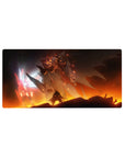 32x16 inches anime mouse pad with Unicorn Gundam-style mecha vs lava-gold beast, smoky battlefield art.
