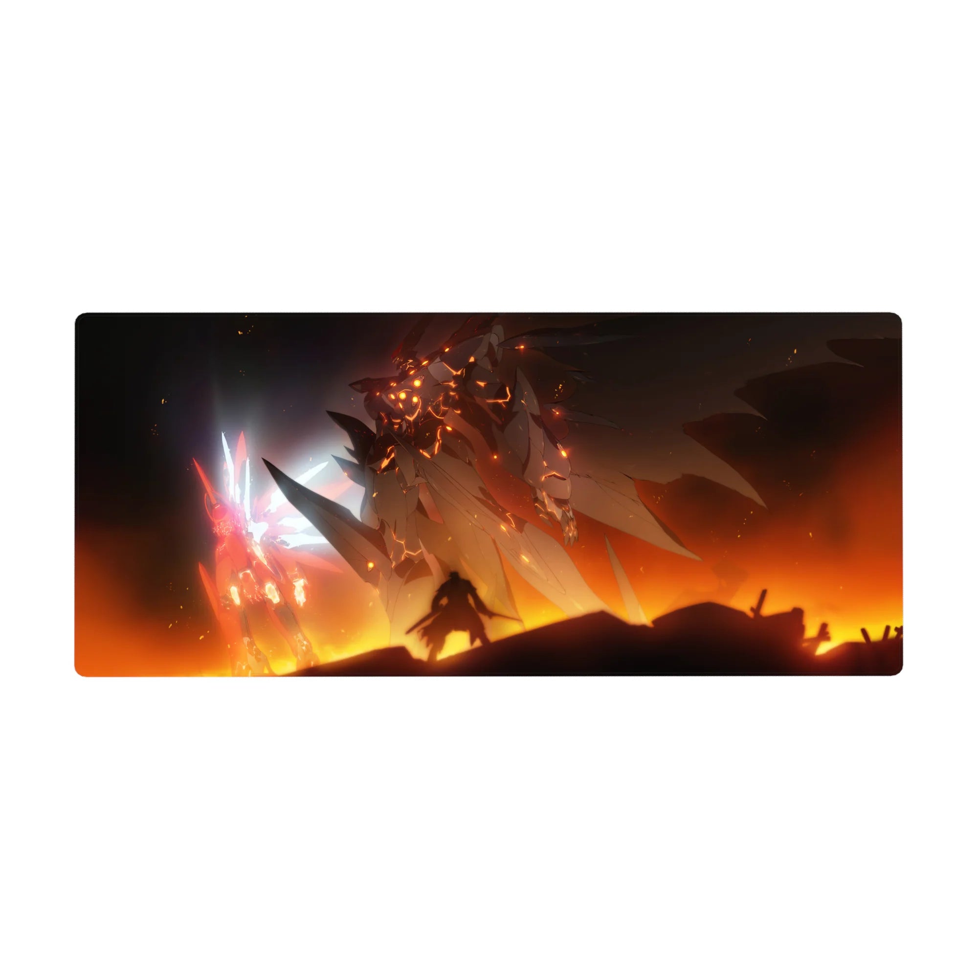 36x16 inches anime desk pad with Gundam-style mech duel, pilot silhouette, lava beast and icy pink glow.