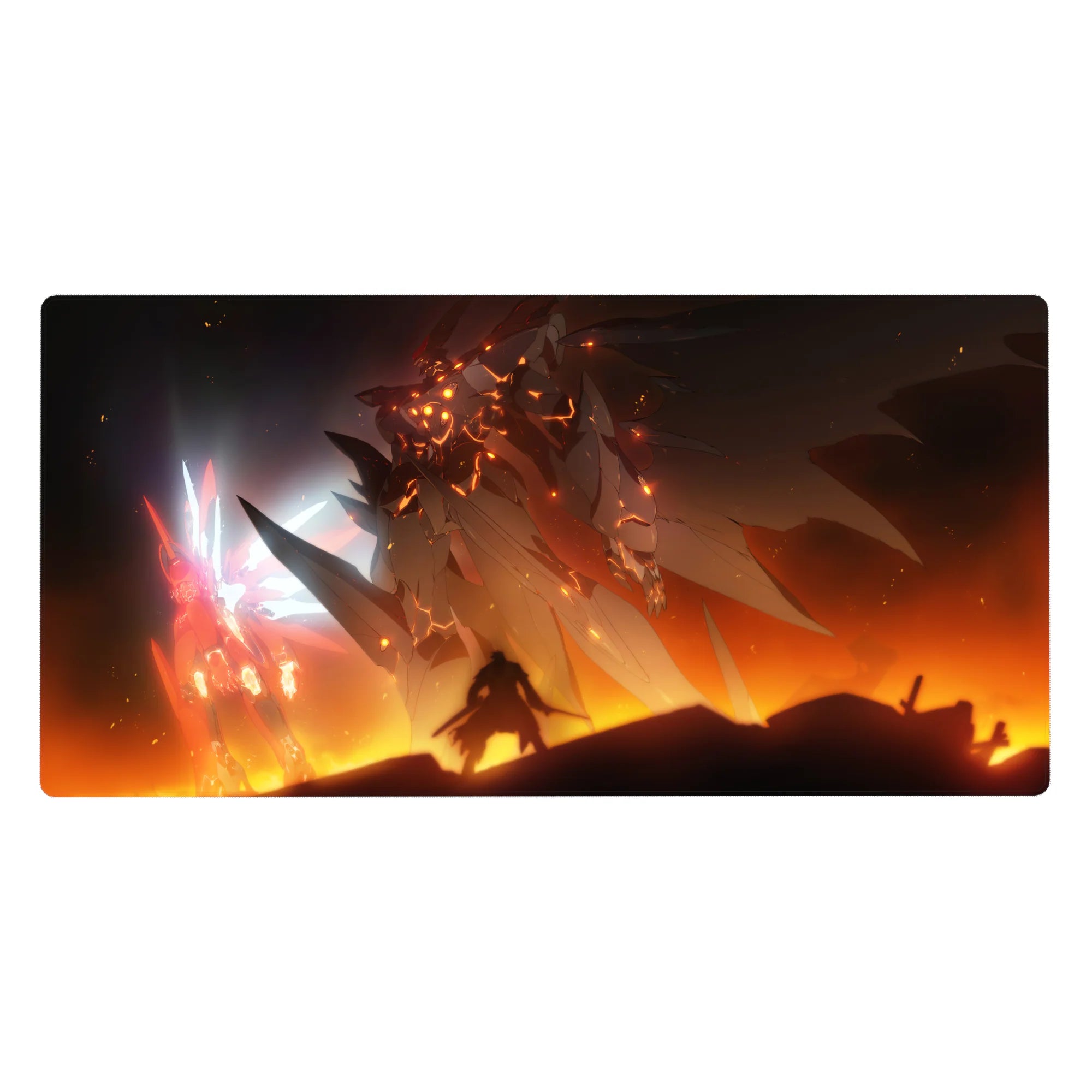 40x20 inches anime desk pad with Gundam-style mecha showdown, pilot silhouette, battlefield sunset theme.