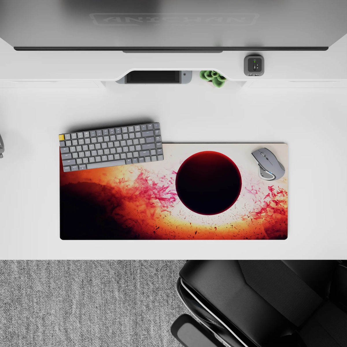 Dreamy 28x12 inches mouse pad in warm orange and smoky red gradients with soft pink haze.