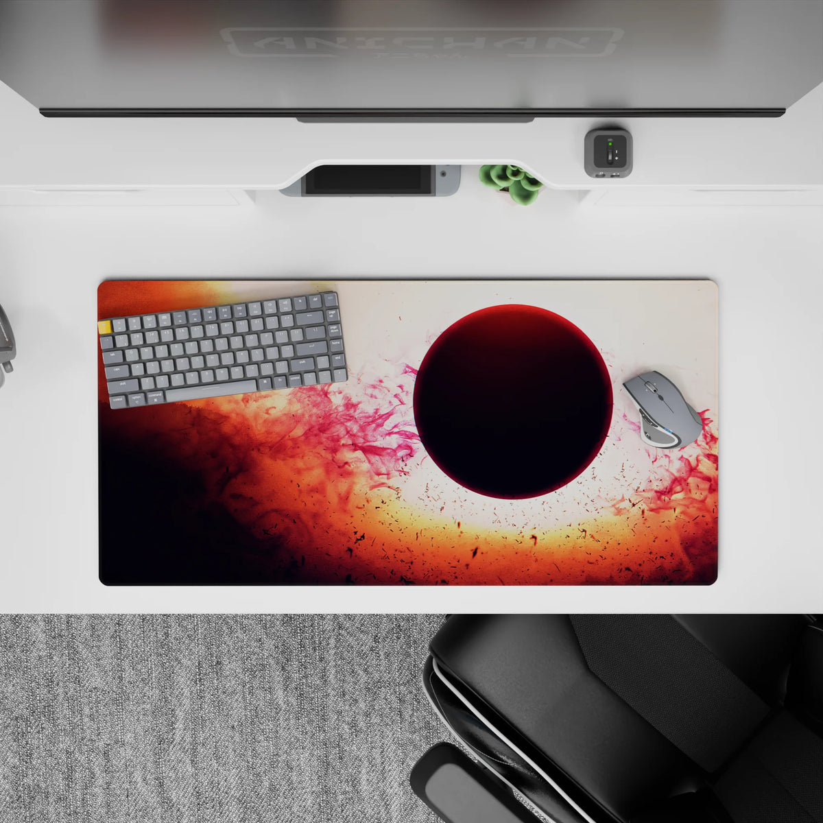 Cinematic space vibe mouse pad, 32x16 inches, in warm orange and smoky red with soft pink wisps.