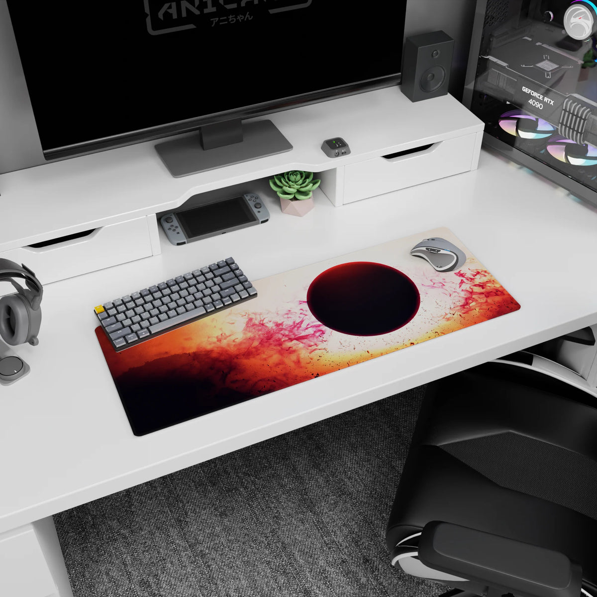 Eclipse-in-space scene mouse pad 32x12 inches featuring a dark orb floating in a cinematic nebula.
