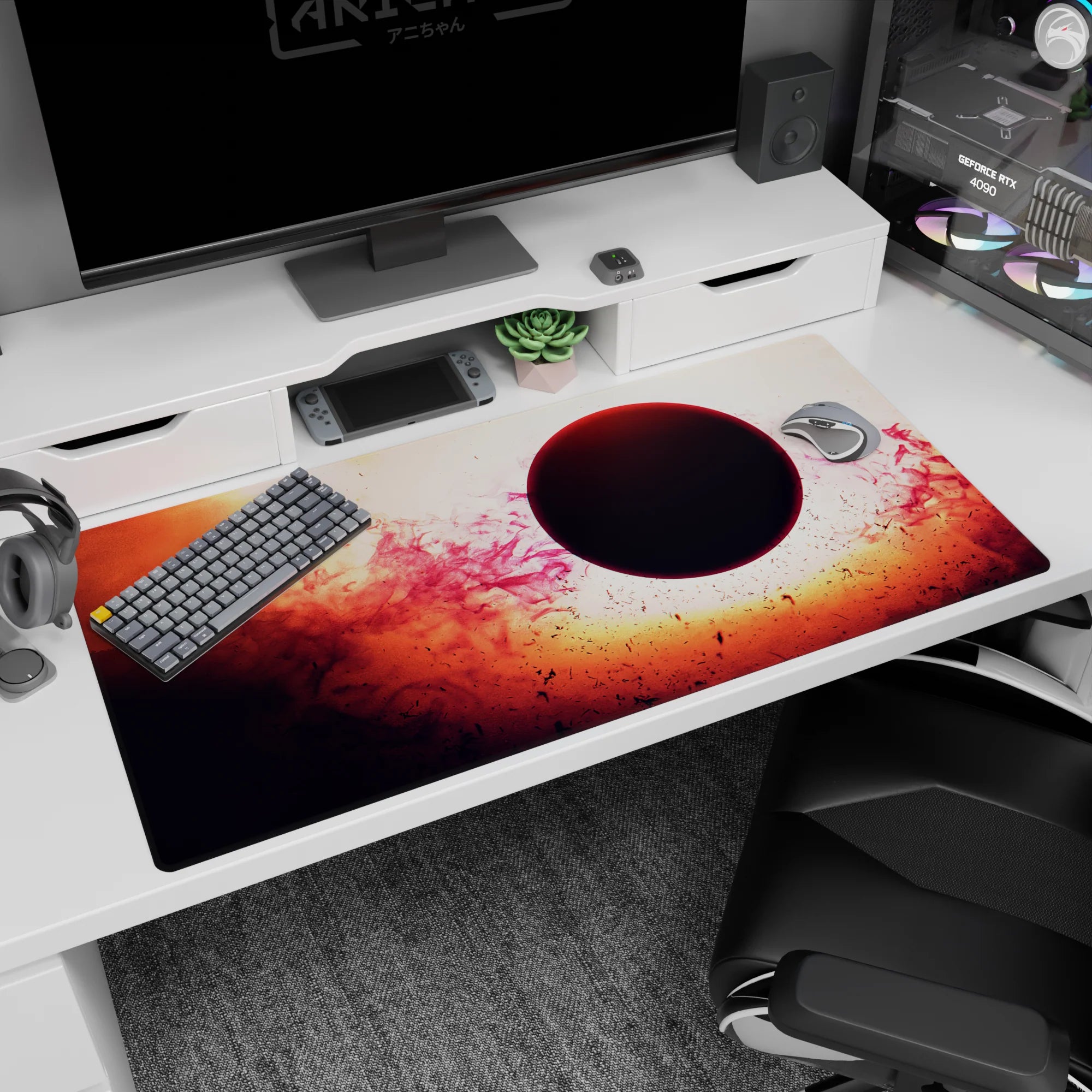 Floating dark eclipse scene desk pad, 40x20 inches, with speckled cosmic dust and glowing gradient clouds.