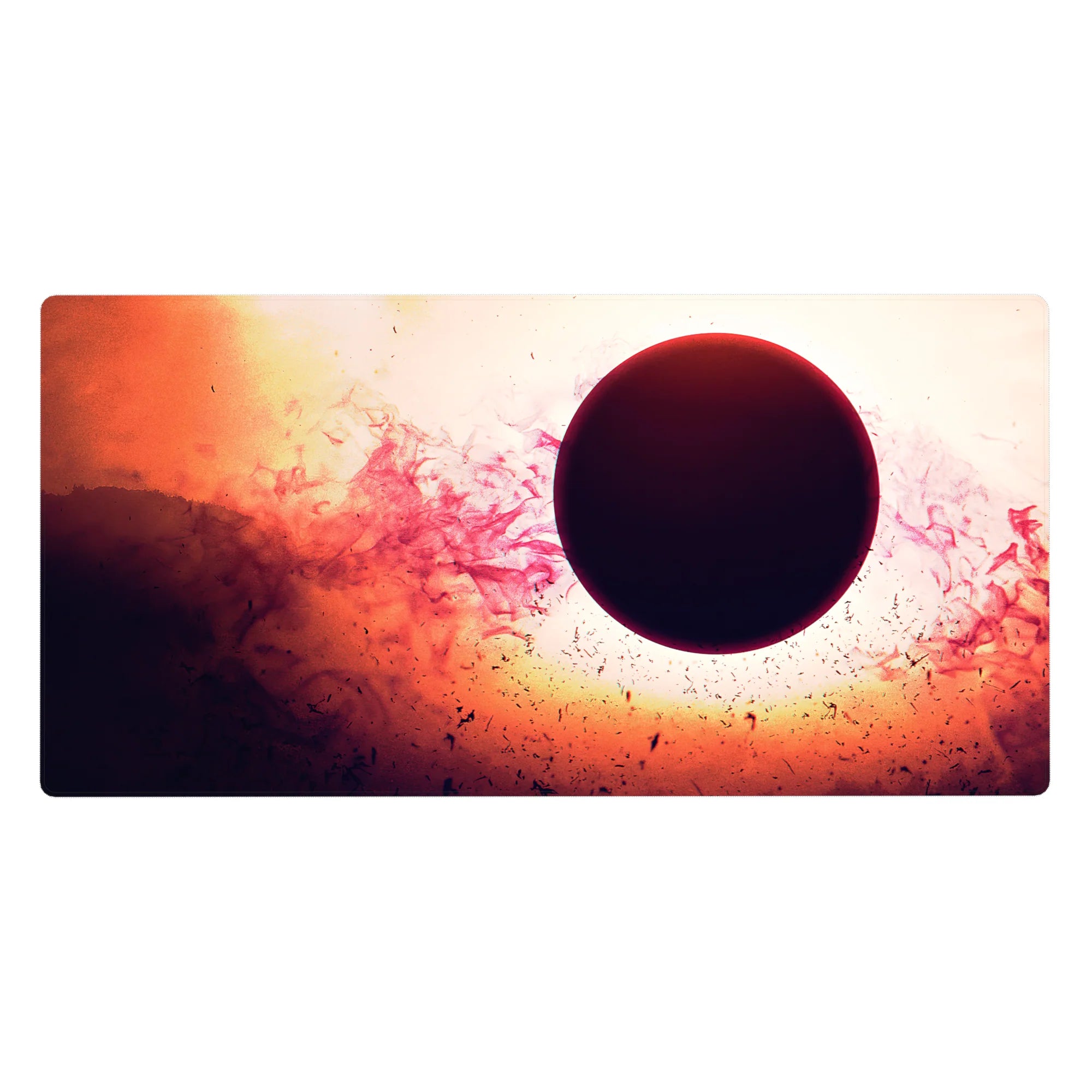 Dark eclipse galaxy desk pad, 40x20 inches, with dreamy haze and swirling cloud backdrop.