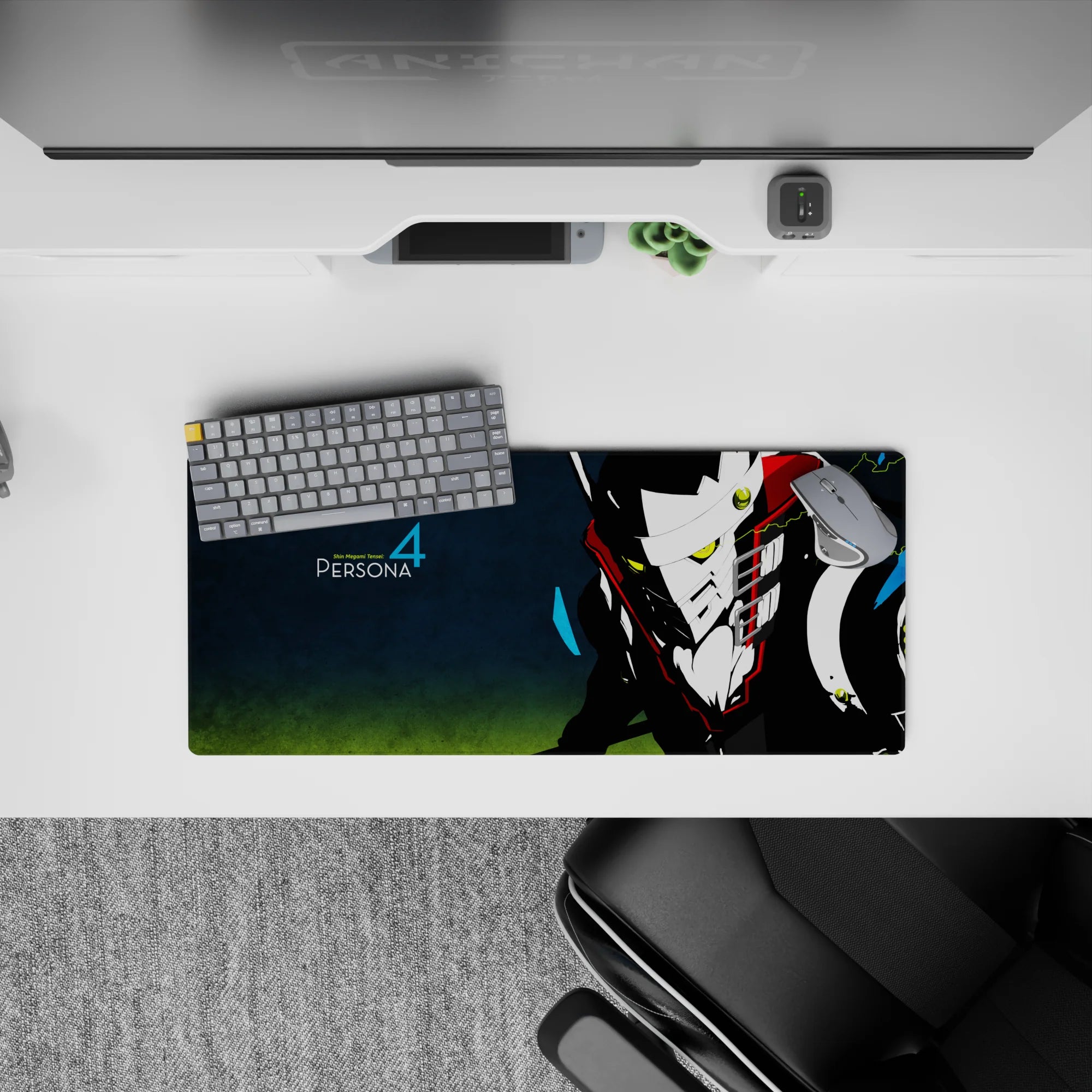 Mouse pad 28x12 inches featuring Persona 4&#39;s Take-Mikazuchi, neon eyes and electric bolts on a dark, dramatic background.