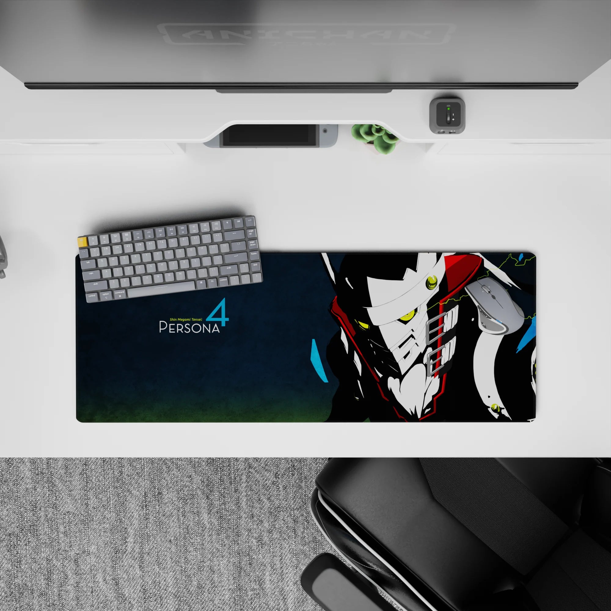 Persona 4 Take-Mikazuchi anime mouse pad, 32x12 inches, featuring neon eyes, steel mask, bolts on black background.