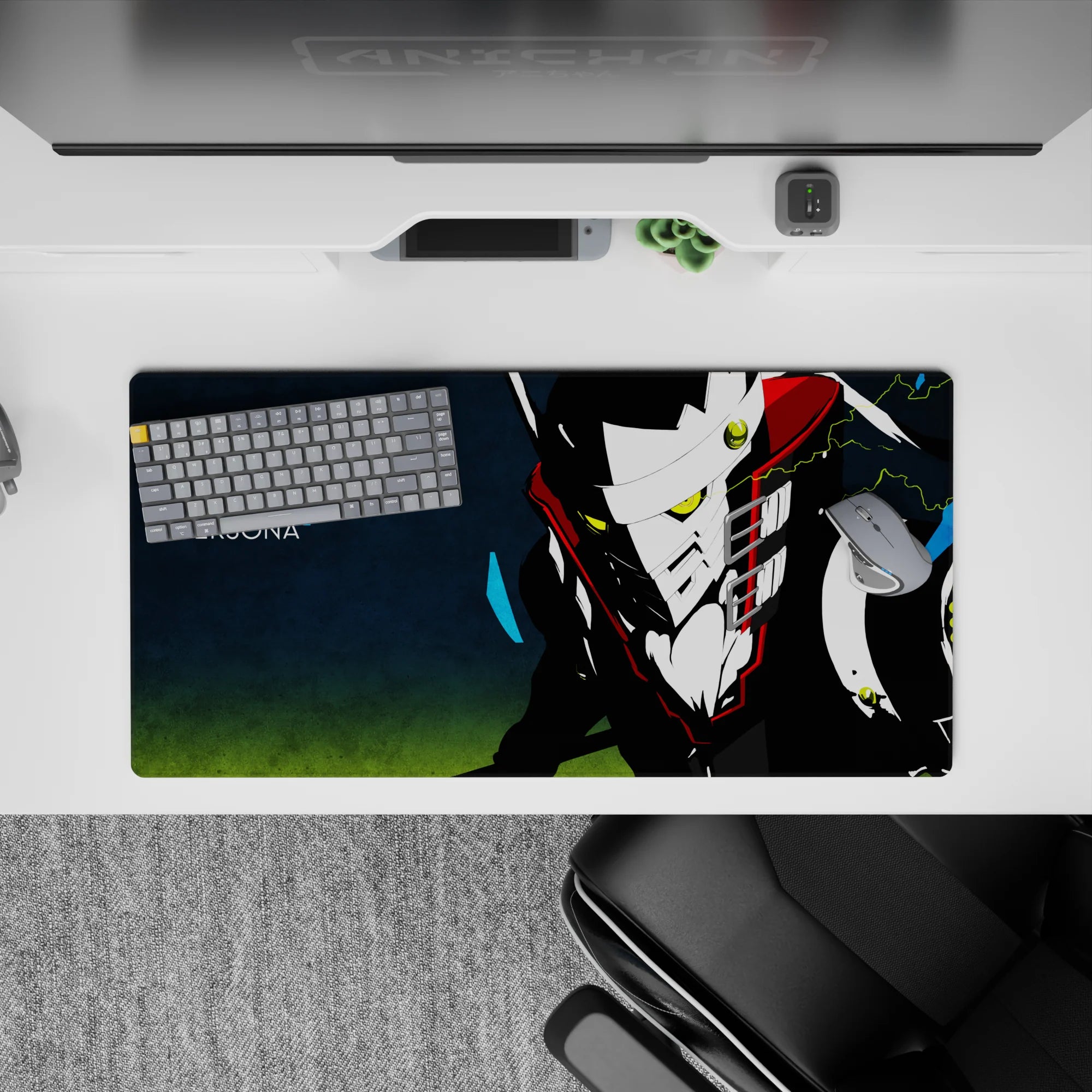 Persona 4 Take-Mikazuchi anime mouse pad 32x16 inches, featuring neon eyes and electric bolts on a dark background.