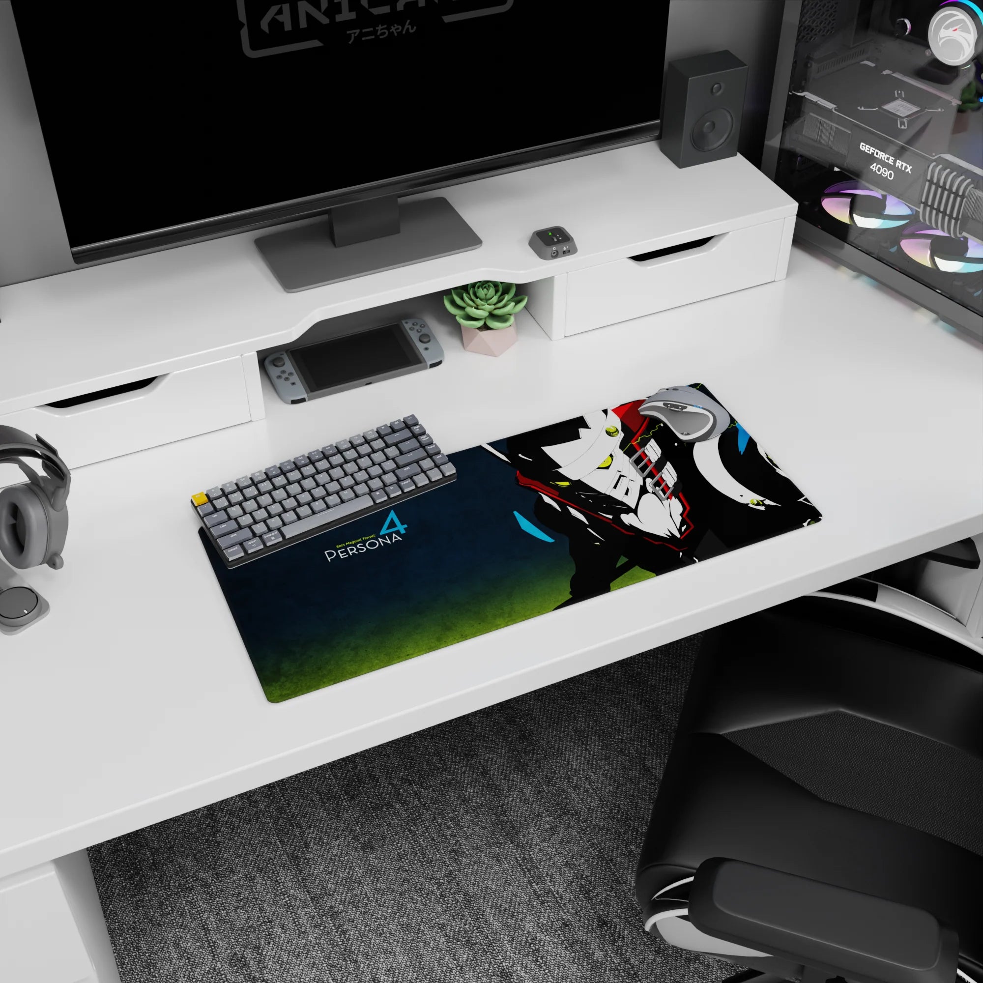 Mouse pad featuring Persona 4’s Take-Mikazuchi, 28x12 inches, with neon eyes and electric focus on a dark background.