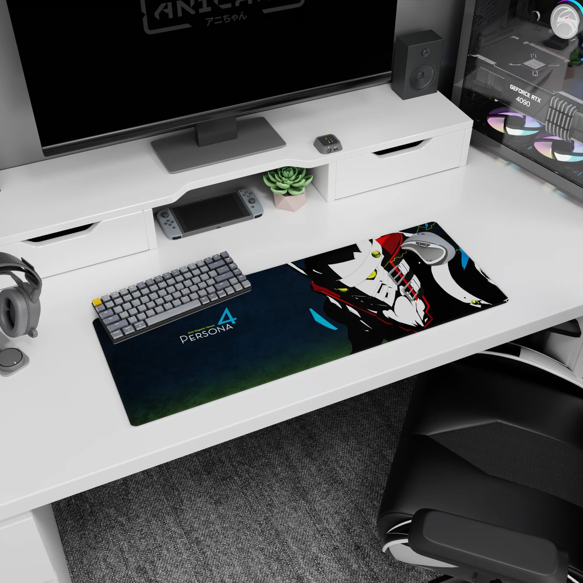 Mouse pad 32x12 inches featuring Persona 4&#39;s Take-Mikazuchi with neon eyes, steel mask, and electric focus.