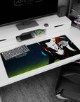 Persona 4 desk pad 36x16 inches featuring Take-Mikazuchi with neon eyes and steel mask on a dark, electrifying background.