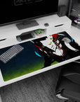 Persona 4 Take-Mikazuchi anime mouse pad, 40x20 inches, neon eyes on steel mask, bolts on black, blue-green gradient.