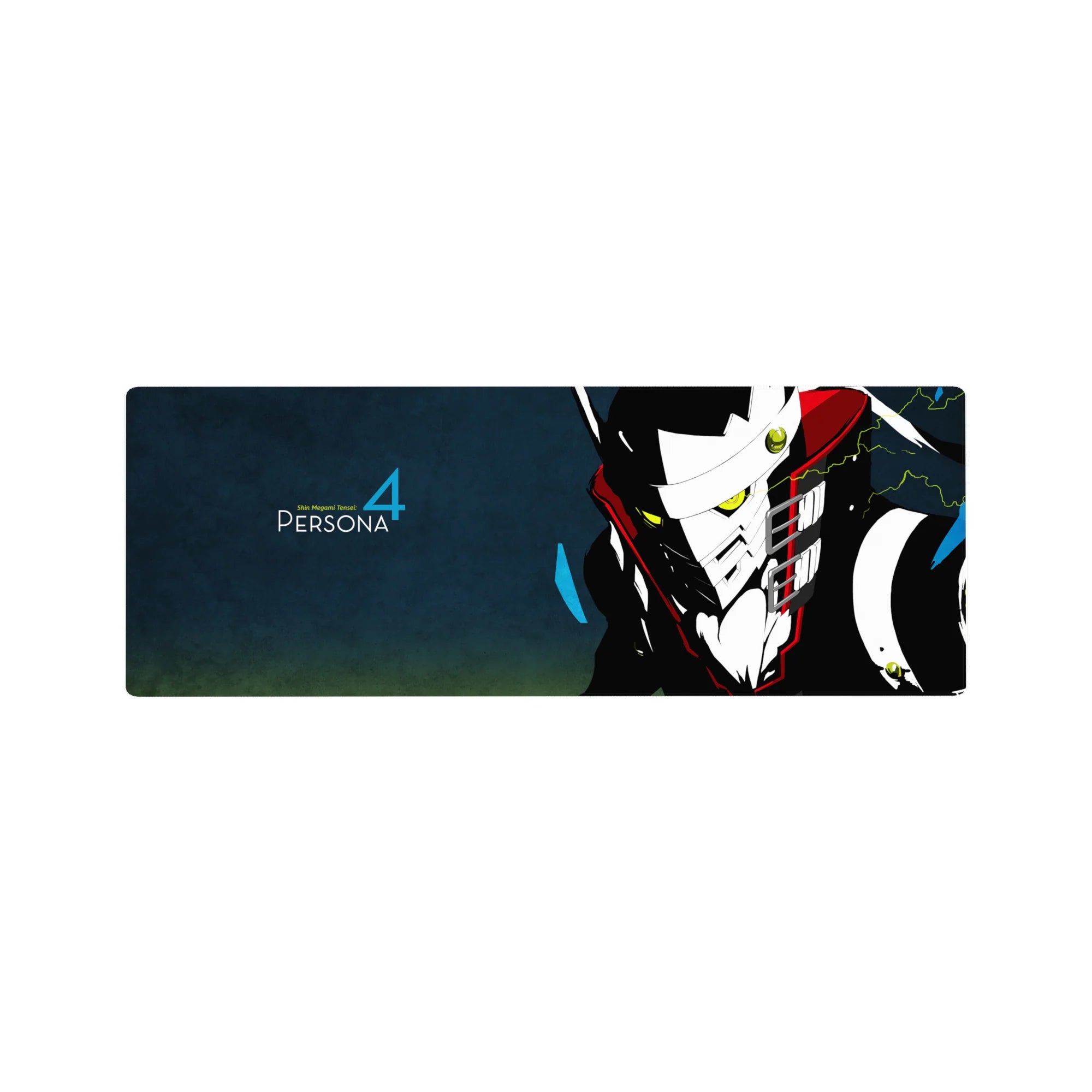 Mouse pad 32x12 inches featuring Persona 4&#39;s Take-Mikazuchi with neon eyes and electric focus on a dark background.
