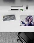 Moody sci-fi anime girl mouse pad 14x10 inches in pale tones with neon magenta streaks and sleek vibe.