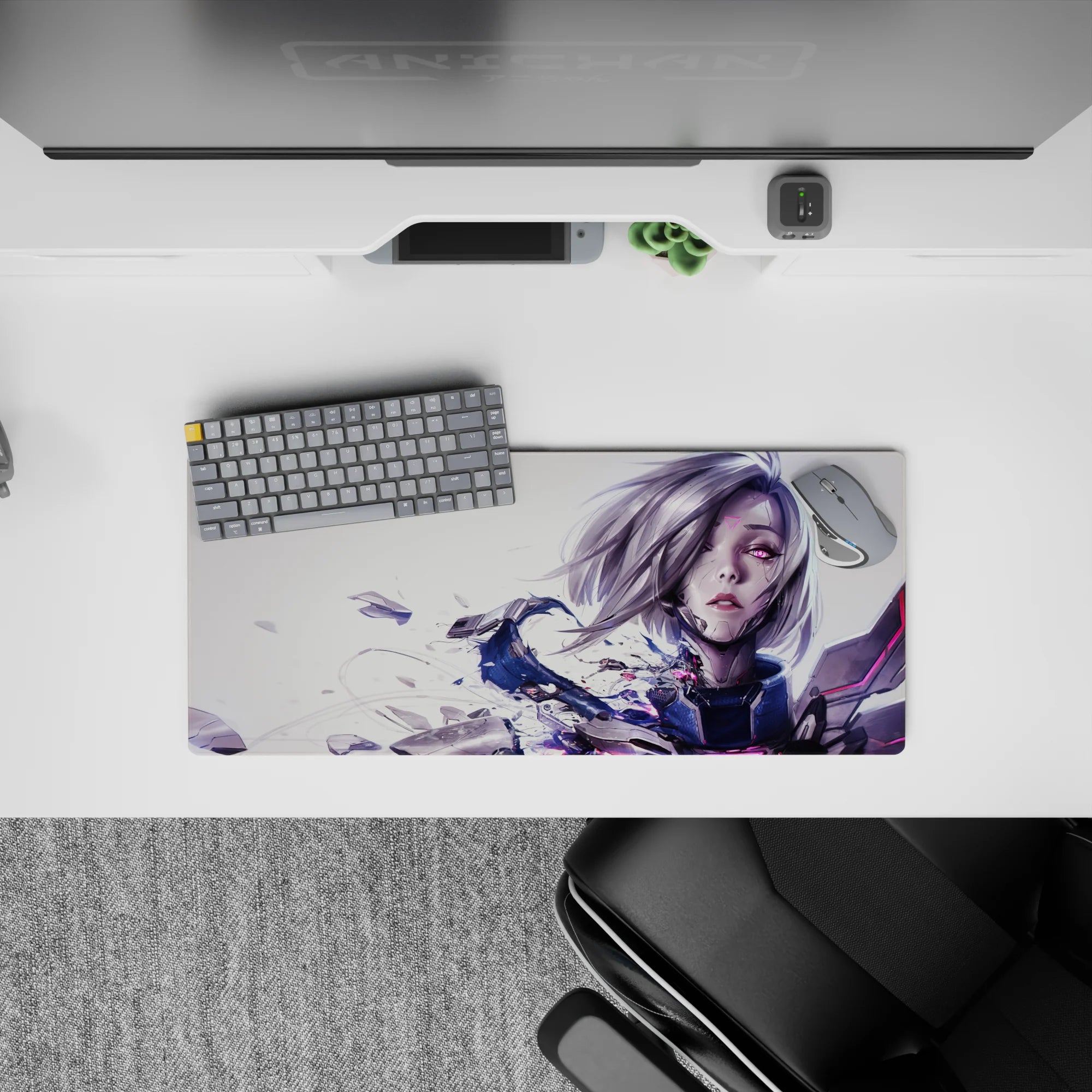 Anime girl mouse pad 28x12 inches in moody sci-fi tones, silver bob hair and neon magenta lines on pale.