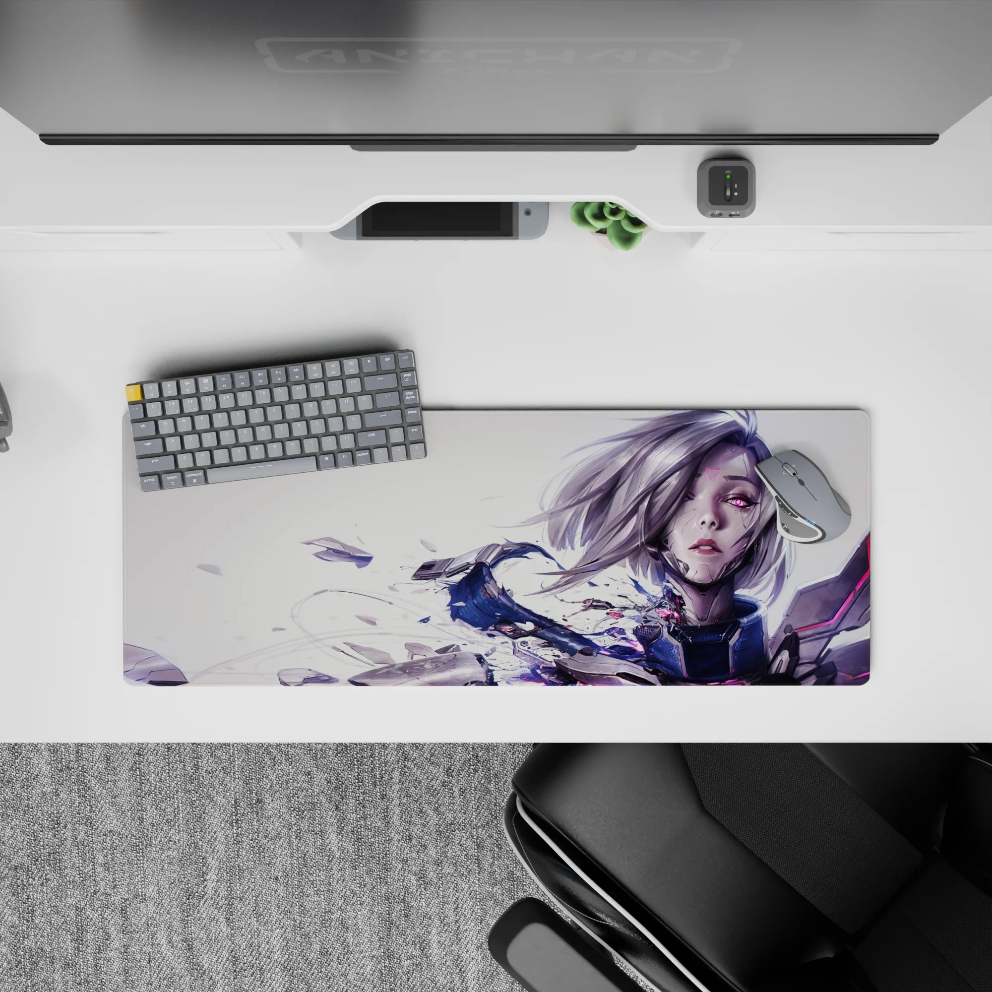 32x12 inches gaming mouse pad in pale tones with neon magenta accents, moody sci-fi aesthetic.